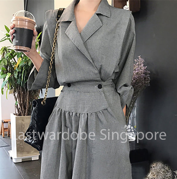 Korean Ginett Lapel Asymmetrical Dress