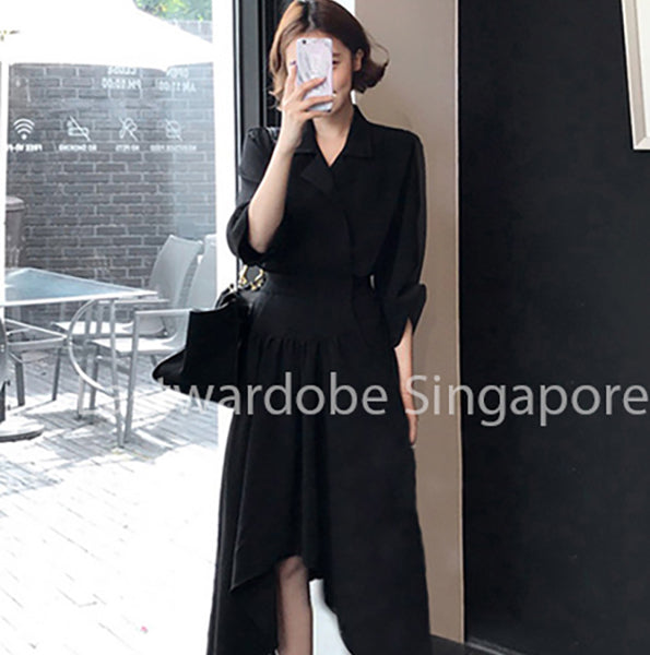 Korean Ginett Lapel Asymmetrical Dress