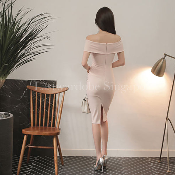 Korean High-end Women Slim-fitted Boat Neck Pink Dress