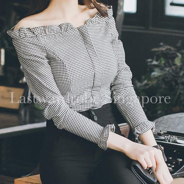 Korean Boat Neck Checkered Blouse