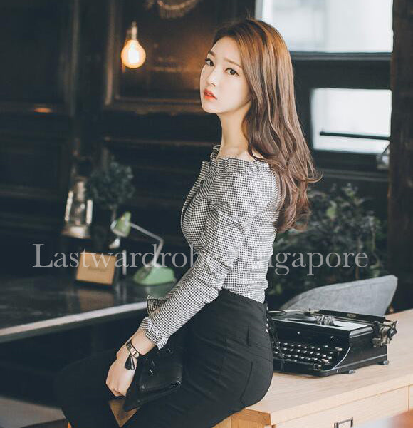 Korean Boat Neck Checkered Blouse