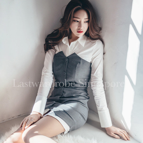 Korean Colour Block Turndown Collar Zipper Short Dress