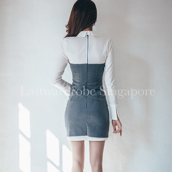 Korean Colour Block Turndown Collar Zipper Short Dress
