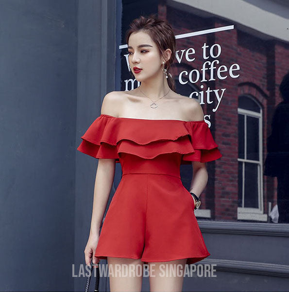 Korean Natalie Boat Neck Ruffle Romper
