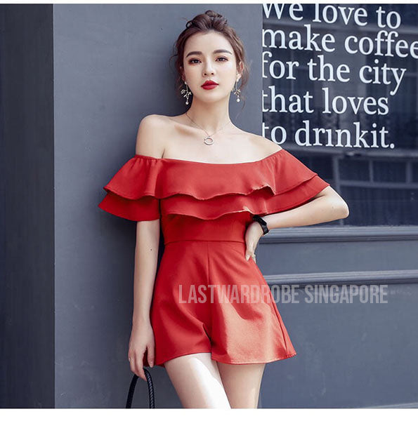Korean Natalie Boat Neck Ruffle Romper
