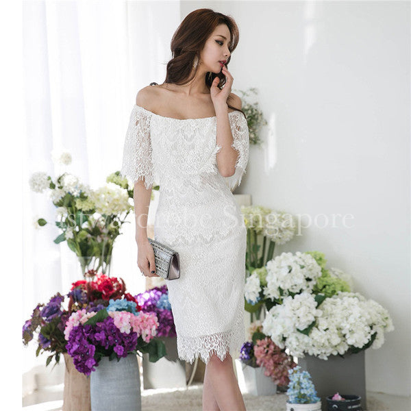 Korean Boat Neck Wrap White Lace Dress