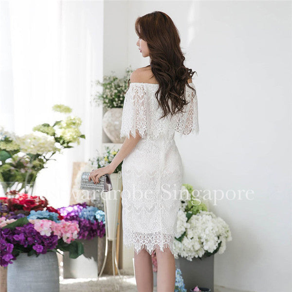 Korean Boat Neck Wrap White Lace Dress