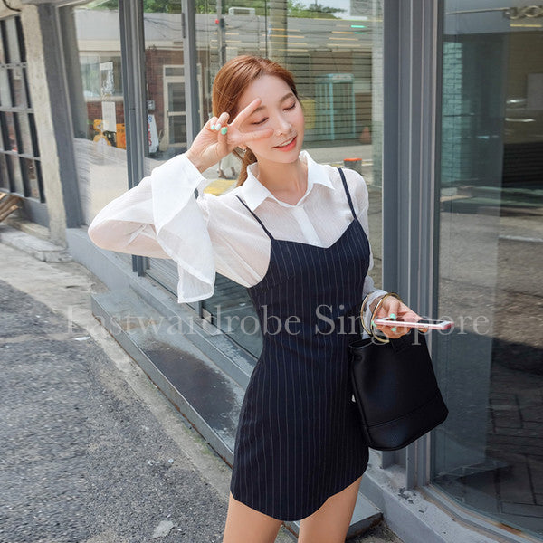 Korean Flare Sleeve Striped Two Pieces Dress