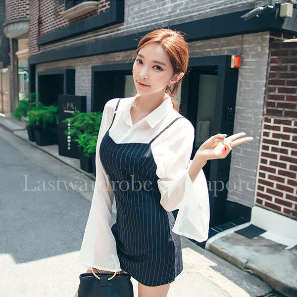 Korean Flare Sleeve Striped Two Pieces Dress