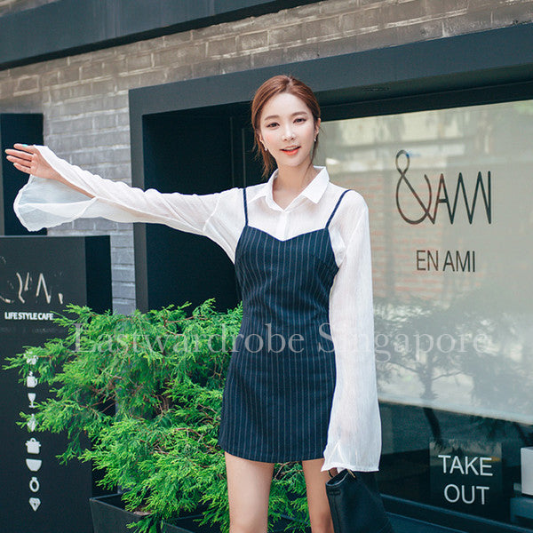 Korean Flare Sleeve Striped Two Pieces Dress