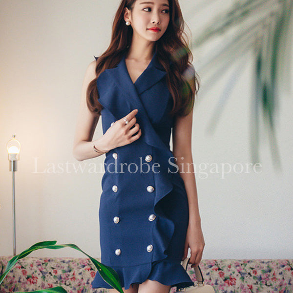 Korean Ruffles Hem Double Breasted OL Dress