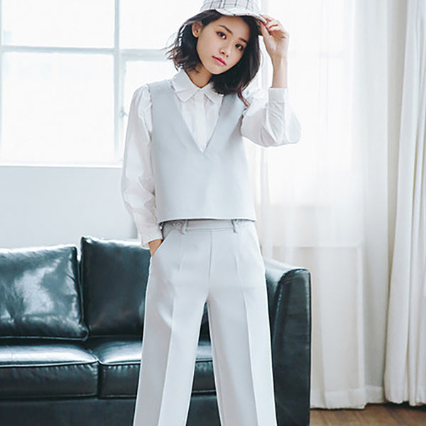 Korean Style Vintage Style Ladies Suits V Neck Tanks With Loose Pant