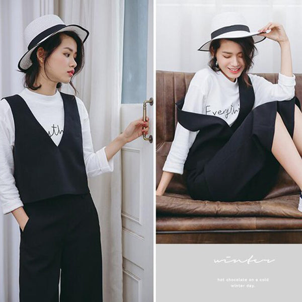 Korean Style Vintage Style Ladies Suits V Neck Tanks With Loose Pant