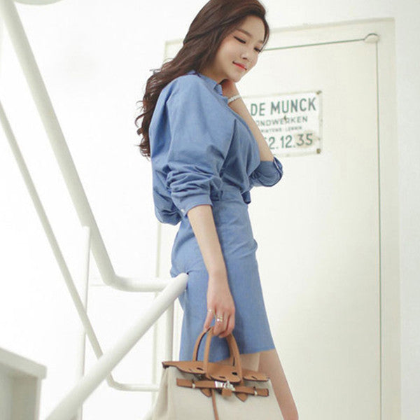 Korean Sexy V Neck Self Tie OL Blue Dress
