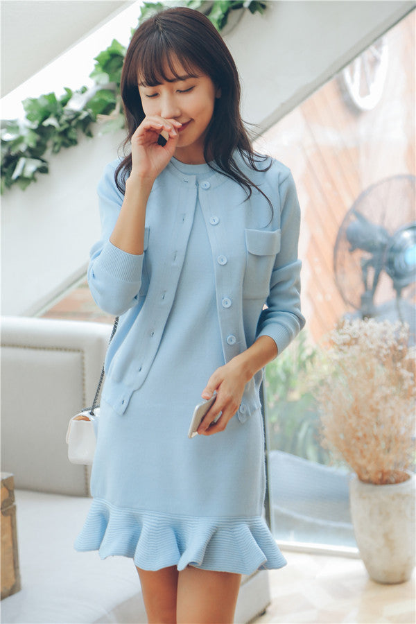 Korean Style Sweet Mermaid O Neck Knitted Two-piece Short Dress