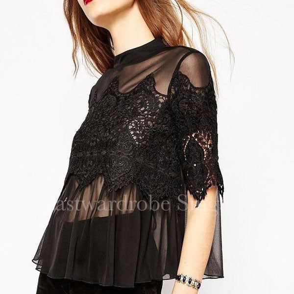 Korean Hollow Out Lace Patchwork Woman Blouse