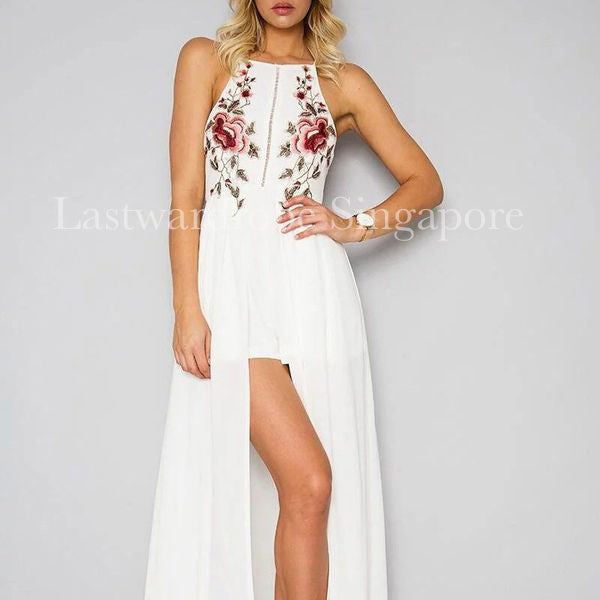 Korean Embriodery Floral Prints Backless Slit Dress