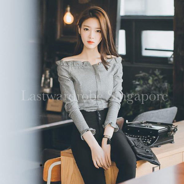 Korean Boat Neck Checkered Blouse