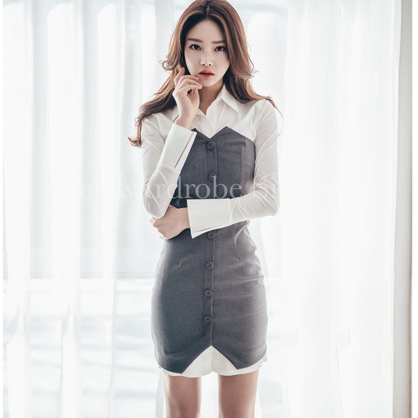 Korean Colour Block Turndown Collar Zipper Short Dress