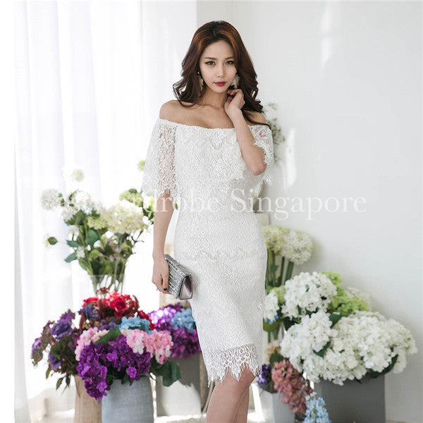 Korean Boat Neck Wrap White Lace Dress