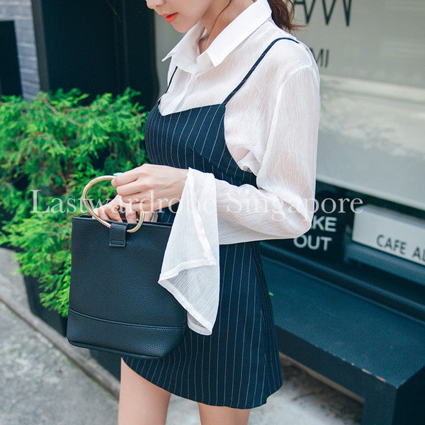 Korean Flare Sleeve Striped Two Pieces Dress