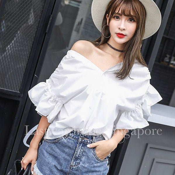 Korean Bella Ruffle Asymmetrical Blouse