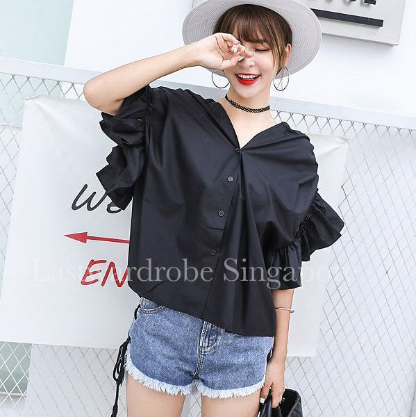 Korean Bella Ruffle Asymmetrical Blouse