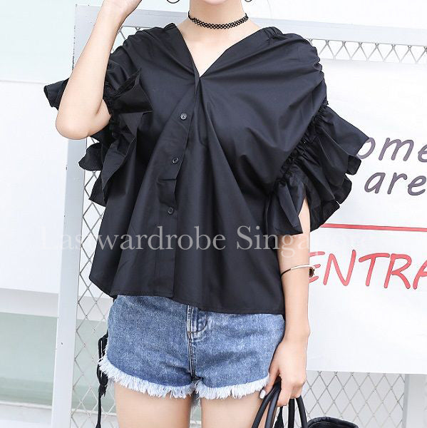 Korean Bella Ruffle Asymmetrical Blouse