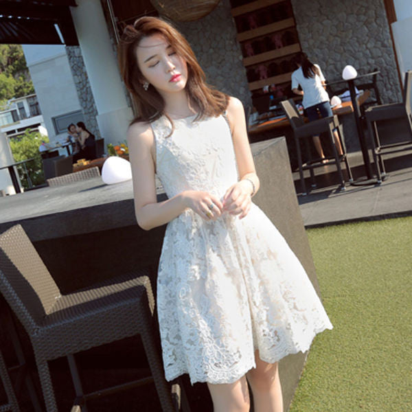 Korean Style Sweet O Neck Floral White Lace Dress