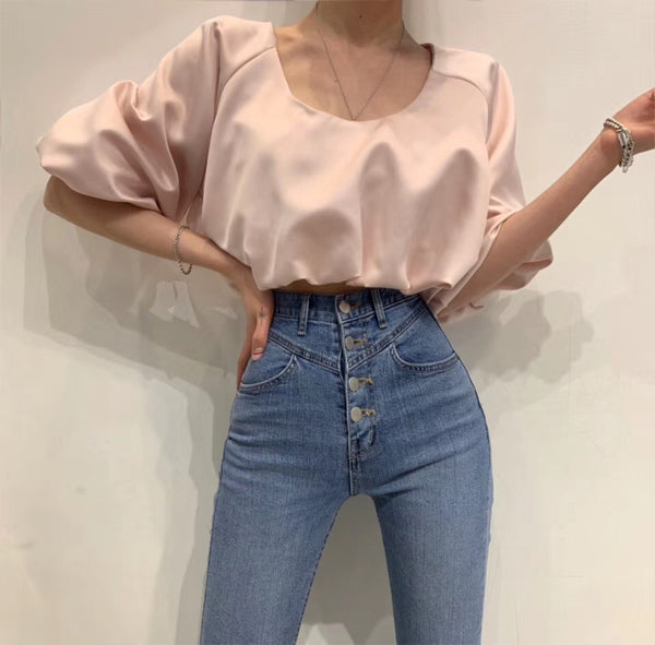 Korean Erelle Puffy Sleeve SAtin Cropped Top